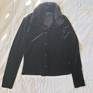 Vintage y2k 90s Velvet Faux Fur Collar Cardigan Black Sz M
